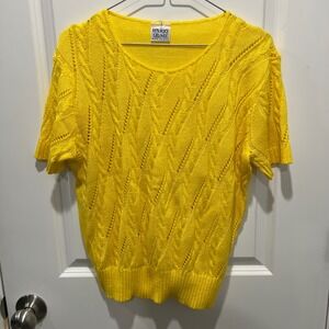 Barry & Me Womens Short Sleeve Pointelle Cable Knit Sweater Yellow Made in USA L